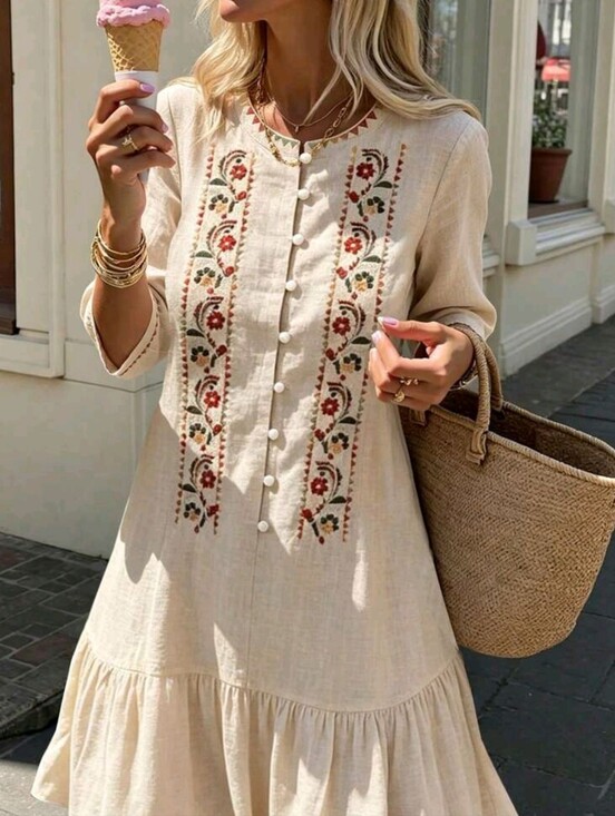 Dresses & Skirts - Women's Casual Round Neck Open-Front Button-Down Printed Short-Sleeved